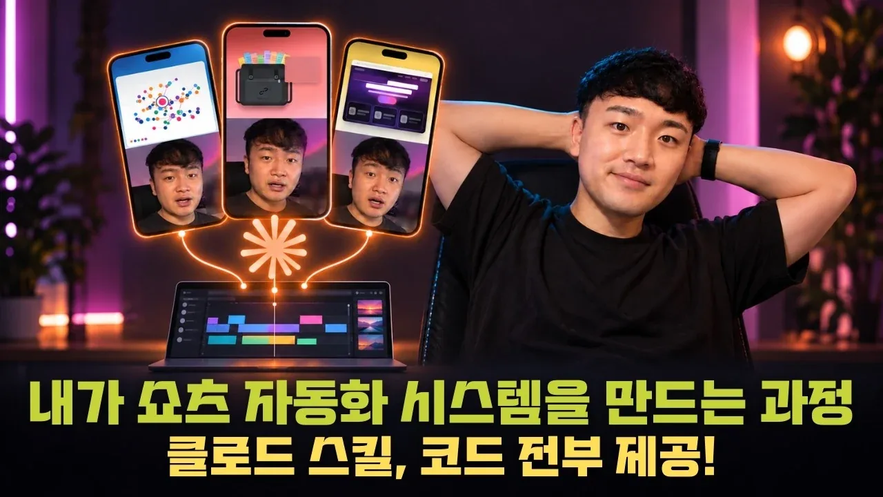 내가 쇼츠 자동화 시스템을 만드는 과정, 클로드 스킬과 코드 전부 제공 문구 위로 셀카 쇼츠 화면 세 개가 노트북 편집 타임라인으로 이어지고 오른쪽에 진행자가 의자에 기대 앉은 유튜브 롱폼 썸네일