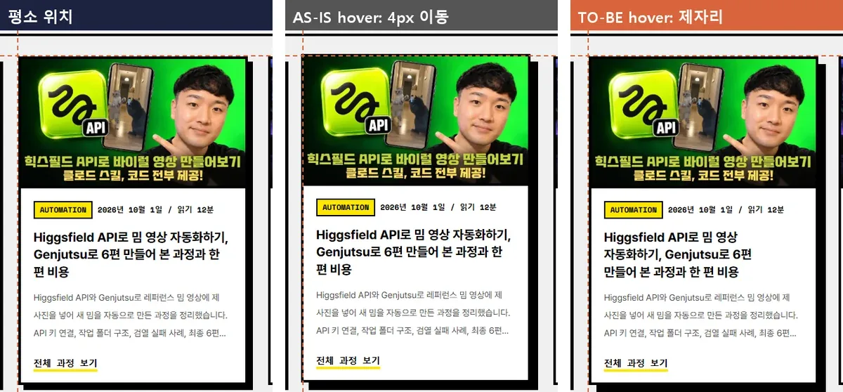 움직임 줄이기 설정에서 hover 시 카드 이동 전후 비교