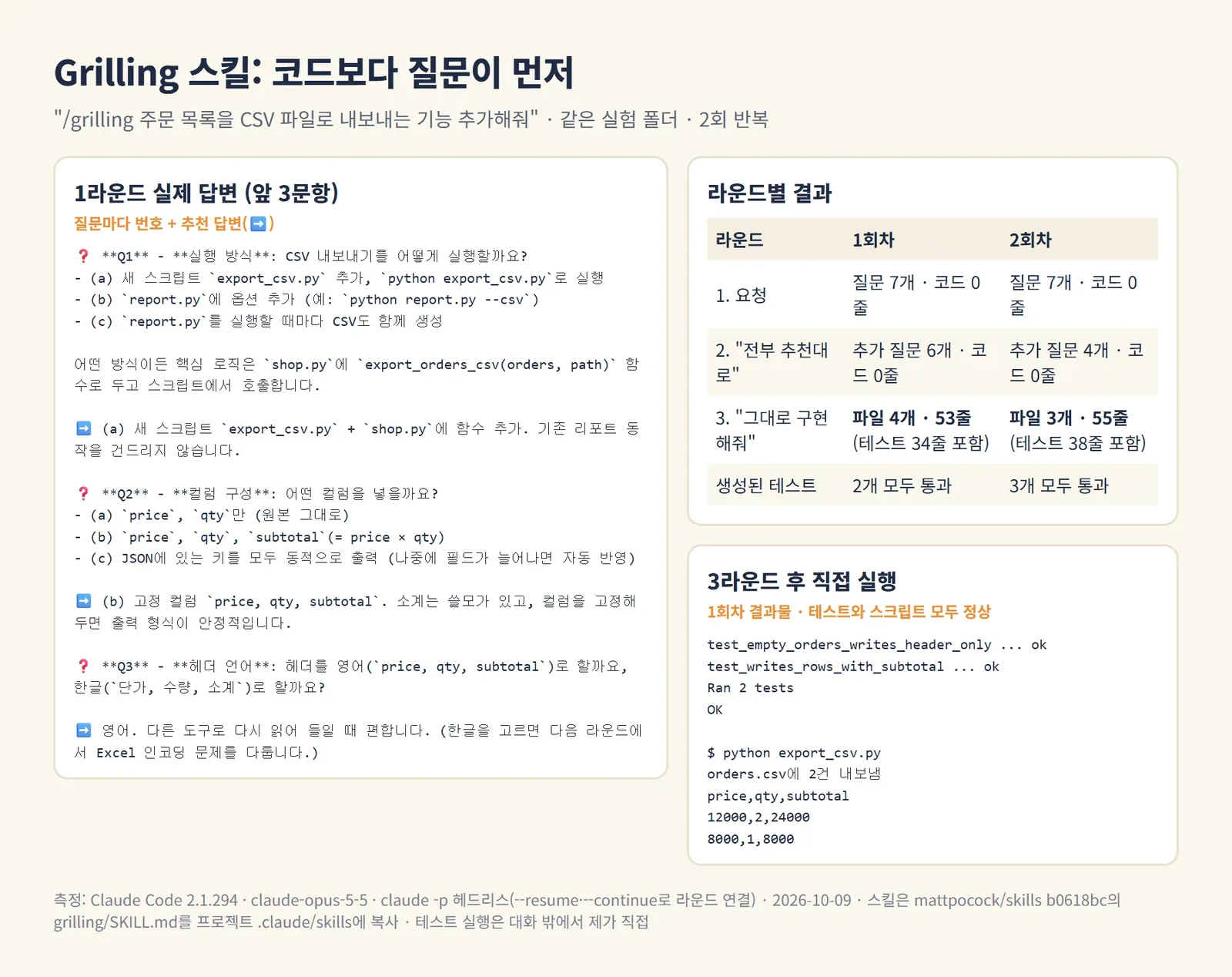 Grilling 스킬이 CSV 기능 요청을 질문 라운드로 다듬은 뒤 구현까지 간 과정과 결과