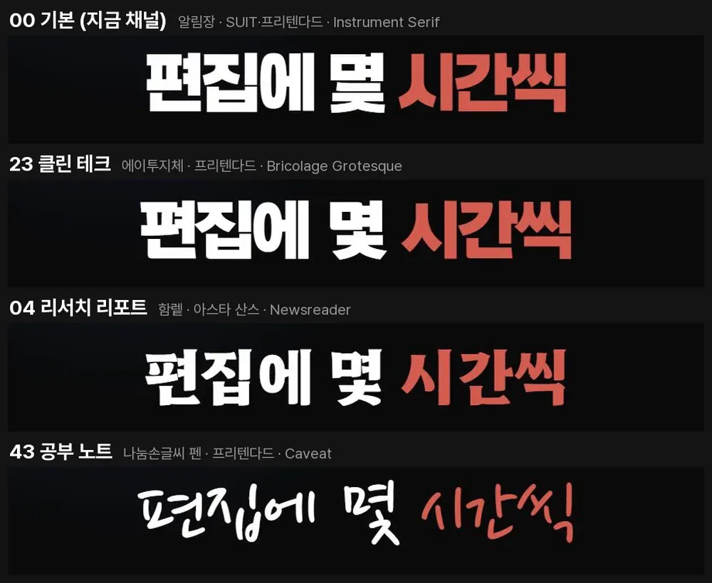 같은 강조 자막을 네 조합으로 크게 자른 비교