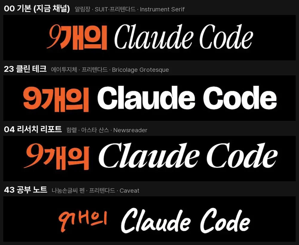 같은 영문 강조 자막을 네 조합으로 크게 자른 비교