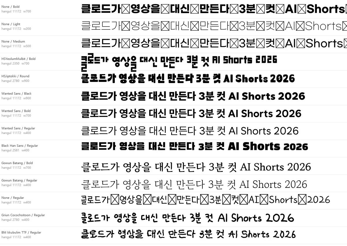 받은 한글 폰트를 같은 문장으로 찍어 본 견본