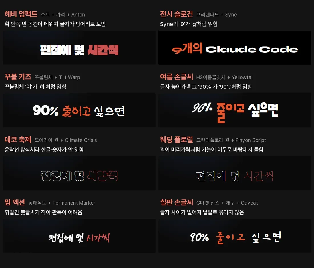 판정에서 떨어진 폰트 조합 8쌍의 자막 화면