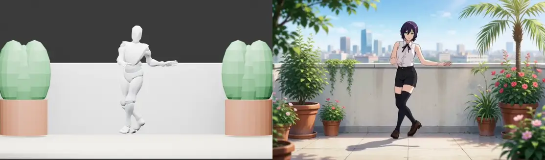 Blender 흰 로봇 영상을 H3로 애니메이션 캐릭터와 옥상 정원 배경으로 바꾼 결과