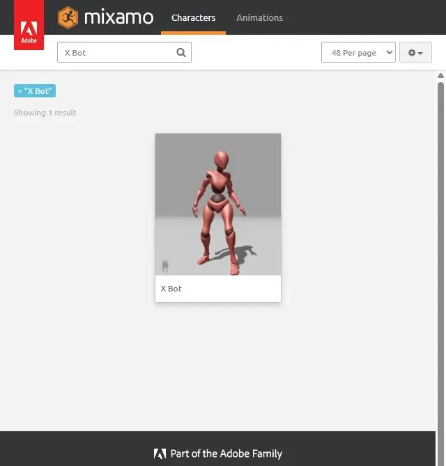 Mixamo에서 두 번째 캐릭터 X Bot을 찾은 화면
