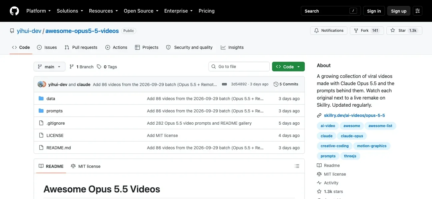 awesome-opus5-5-videos GitHub 레포 첫 화면