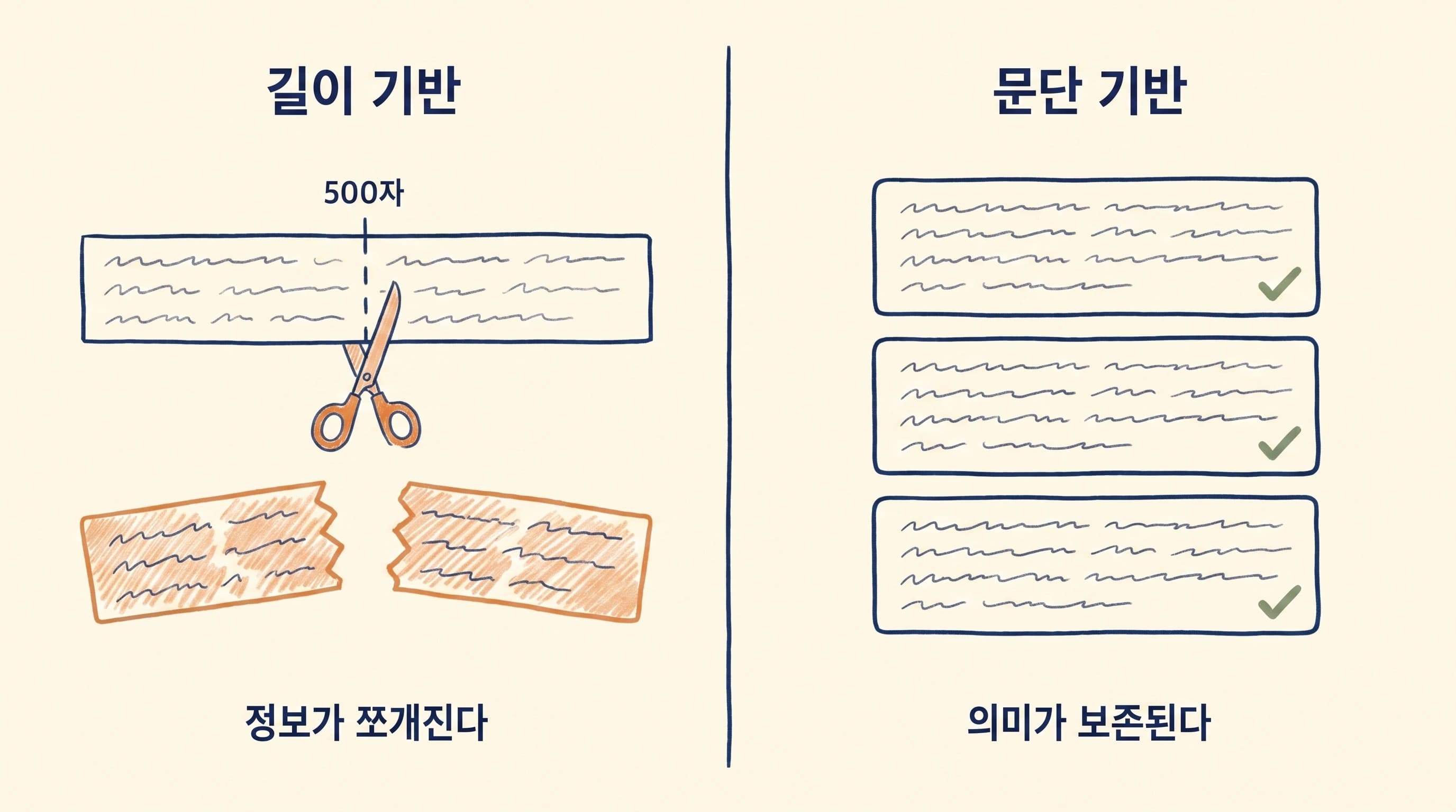 청킹 실패 사례: 길이 기반 절단으로 문맥이 잘리는 모습과 문단 기반 절단 비교