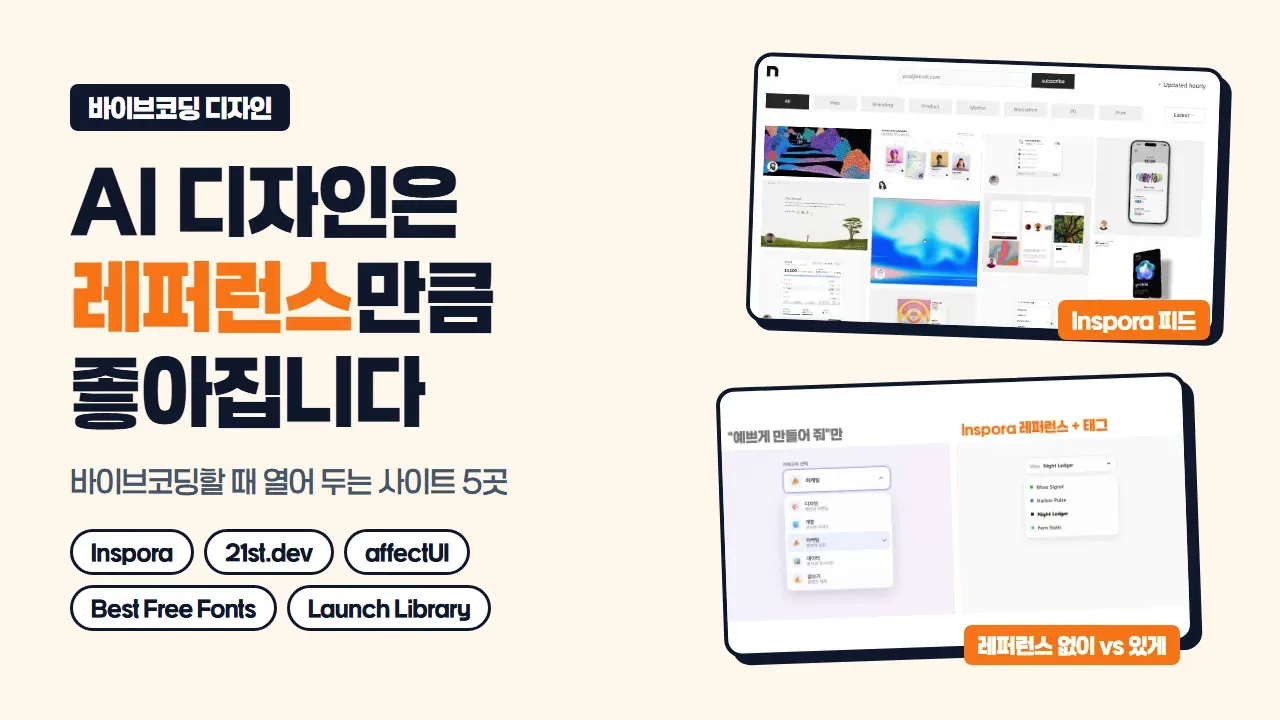 AI 디자인은 레퍼런스만큼 좋아집니다라는 제목과 다섯 사이트 이름 칩, Inspora 피드 화면과 레퍼런스 없이 만든 드롭다운과 레퍼런스를 주고 만든 드롭다운을 비교한 화면을 배치한 대표 이미지